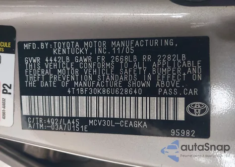 2006 Toyota Camry Xle V6 from USA, damaged, VIN 4T1BF30K86U628640